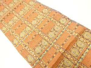 格子に花模様織出し名古屋帯